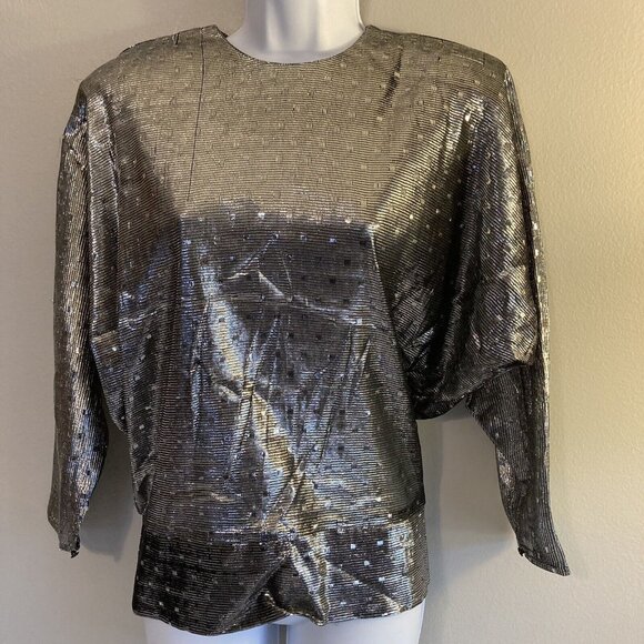 Vintage 1970s Disco Top Blouse Metallic Silver Medium Polka Dot NOS Deadstock - Picture 1 of 9
